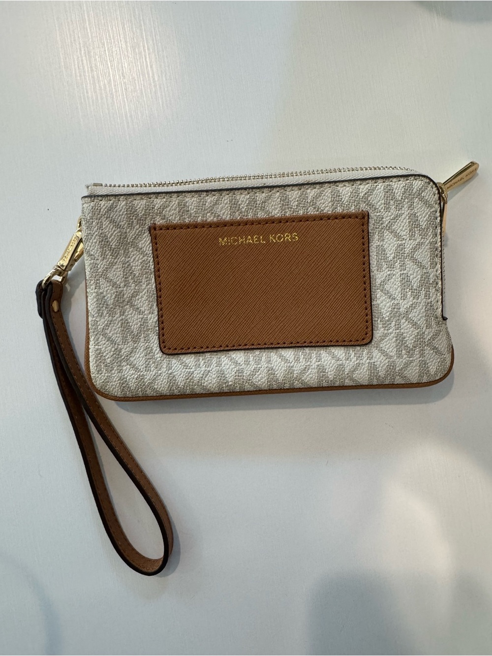 Michael Kors White Canvas and Brown Leather Signature Wristlet